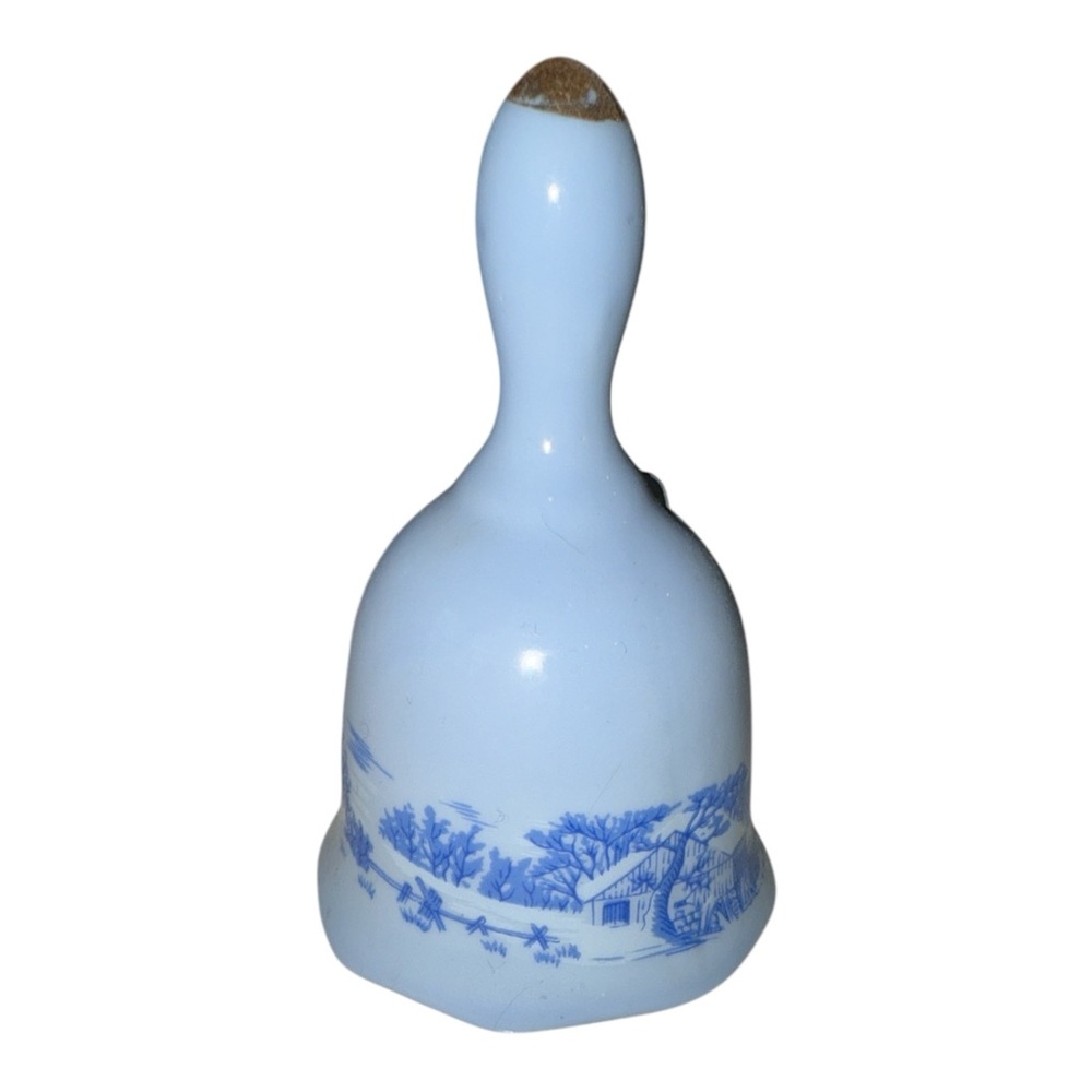 Vtg Currier and Ives Blue Porcelain Bell The Old Homestead in Winter 3.75"